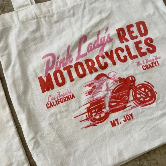 Mt Joy Pink Ladys Red Motorcycles Tote Bag White Graphic Canvas Band Merch - Picture 3 of 4